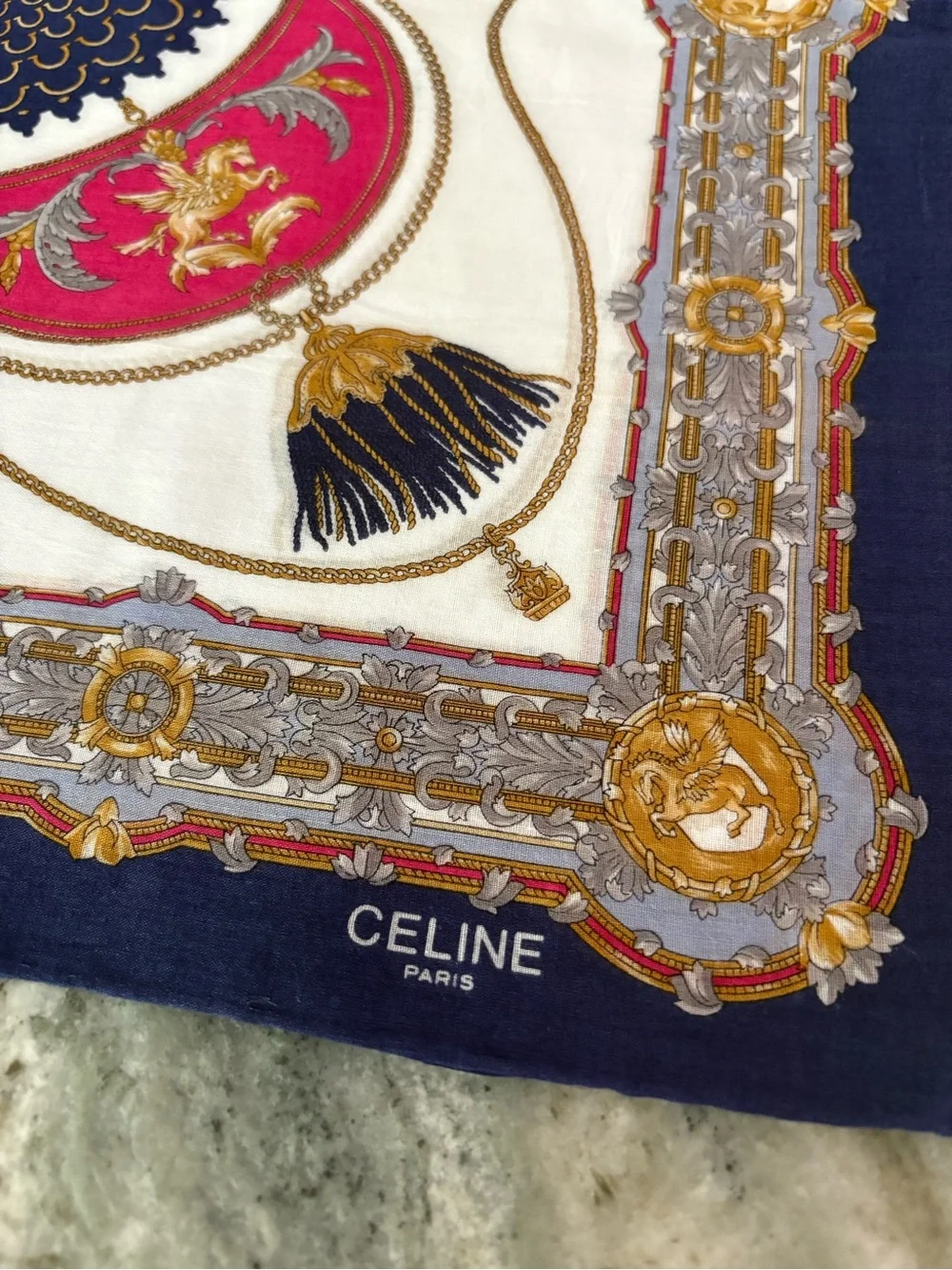 Celine pink, blue, white luxury scarf Neckerchief or Bow 19 x 19”
